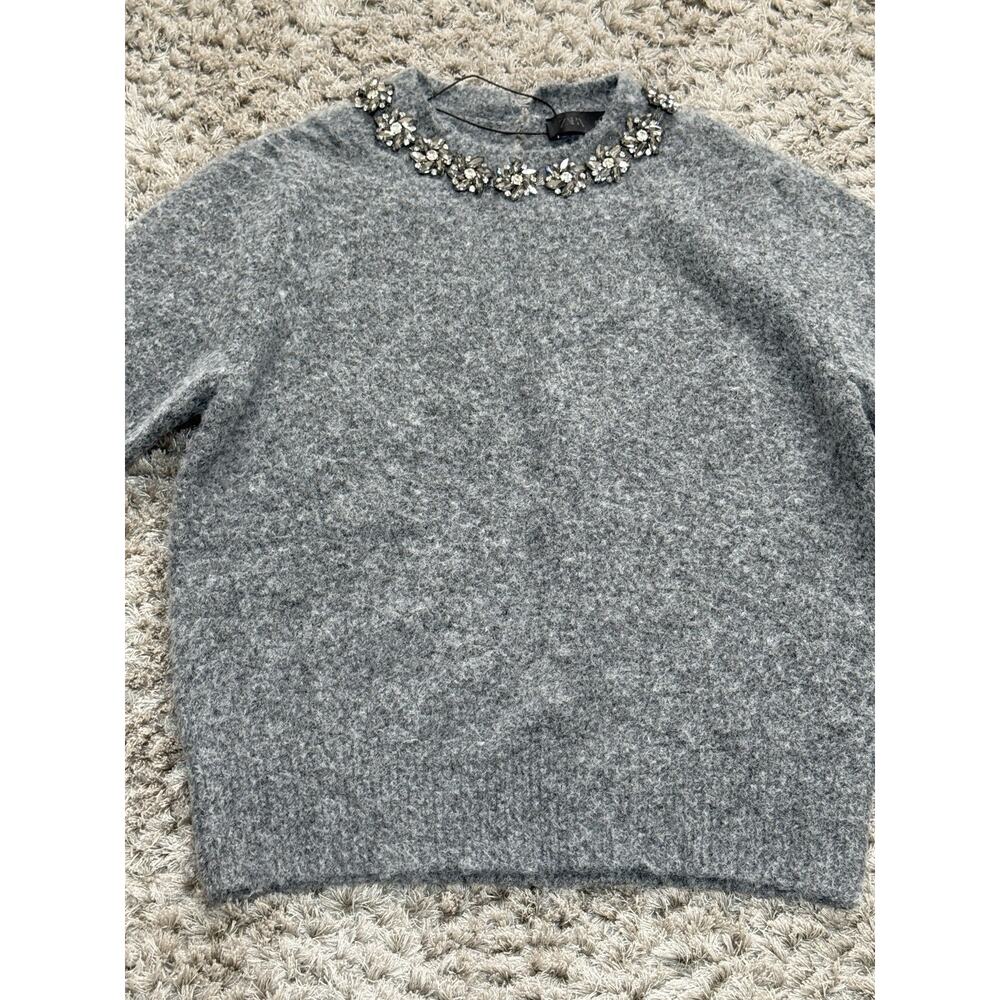 ZARA Womens Grey Fluffy Knit Sweater Short Sleeve Rhinestone Detail Size S NWOT - Picture 4 of 13